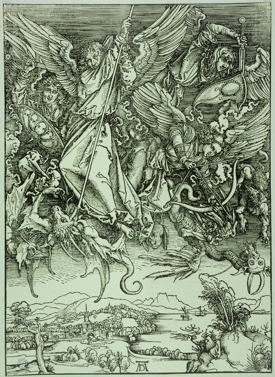 El Apocalipsis (edición latina): San Miguel derrotando al dragón (Bartsch 72) de Albrecht Dürer