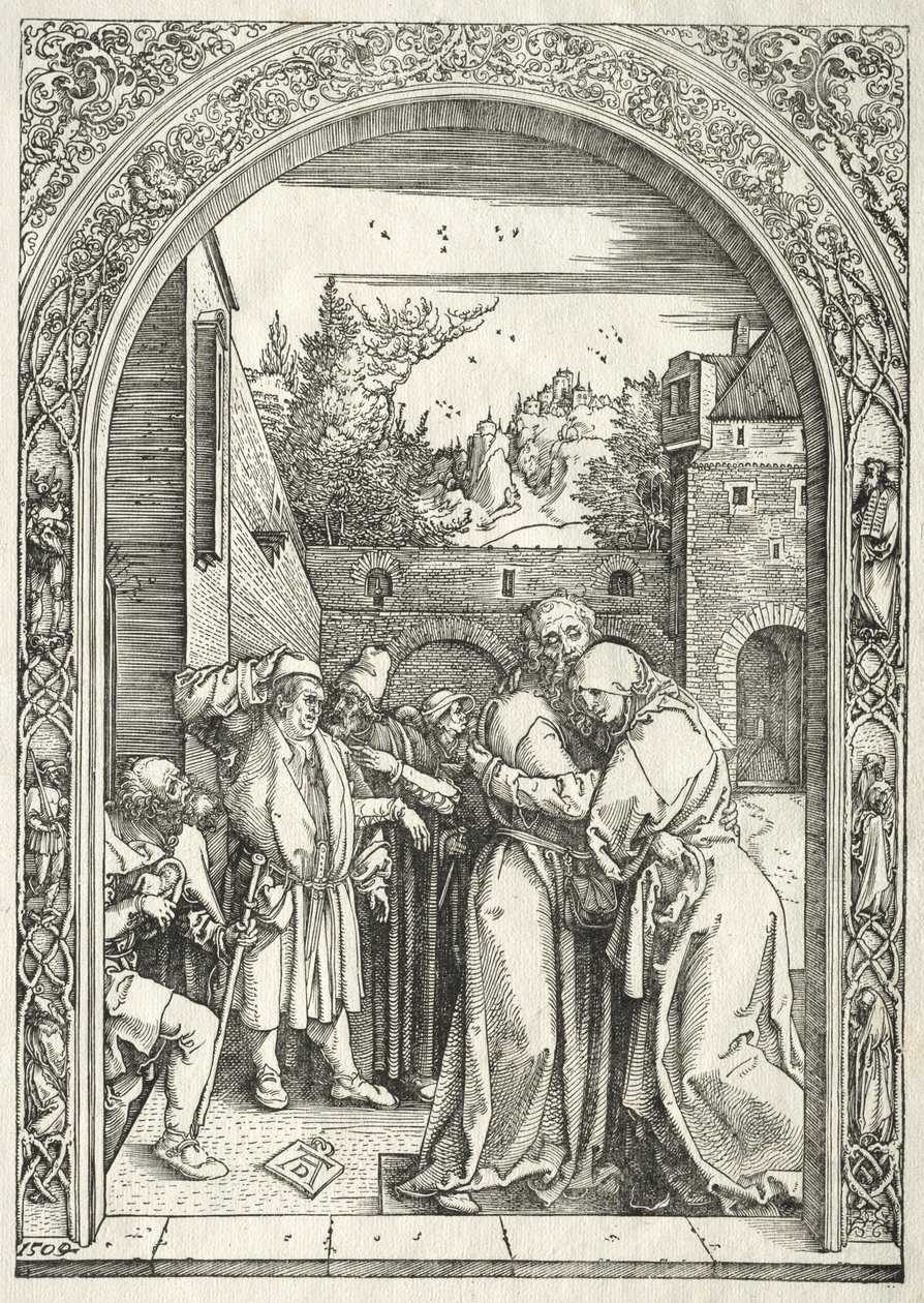 Vida de la Virgen: Joaquín y Ana Abrazándose bajo la Puerta Dorada de Albrecht Dürer