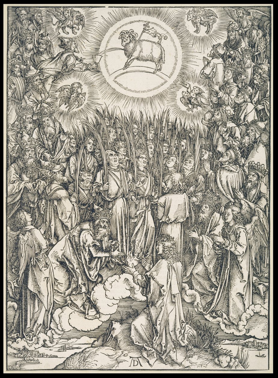 Himno de los elegidos / Adoración del Cordero, de la serie del Apocalipsis, primera edición latina de 1498 de Albrecht Dürer