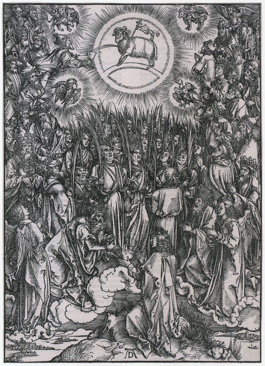 Canto de alabanza de los elegidos en el cielo / Adoración del Cordero, figura XII, lámina 14 de la serie «El Apocalipsis» de Albrecht Dürer