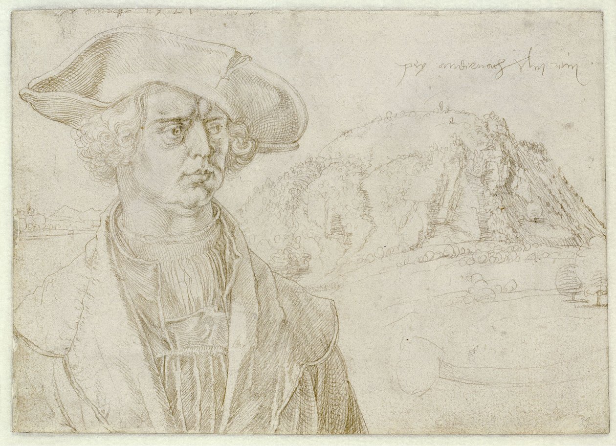 Retrato de un hombre (¿Aert Bruyn) y paisaje cerca de Andernach de Albrecht Dürer