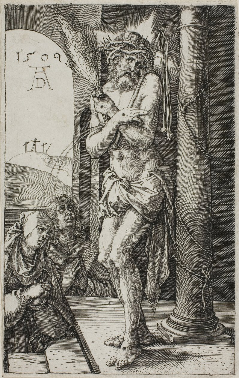 Hombre de dolores junto a la columna, frontispicio de La Pasión Grabada de Albrecht Dürer
