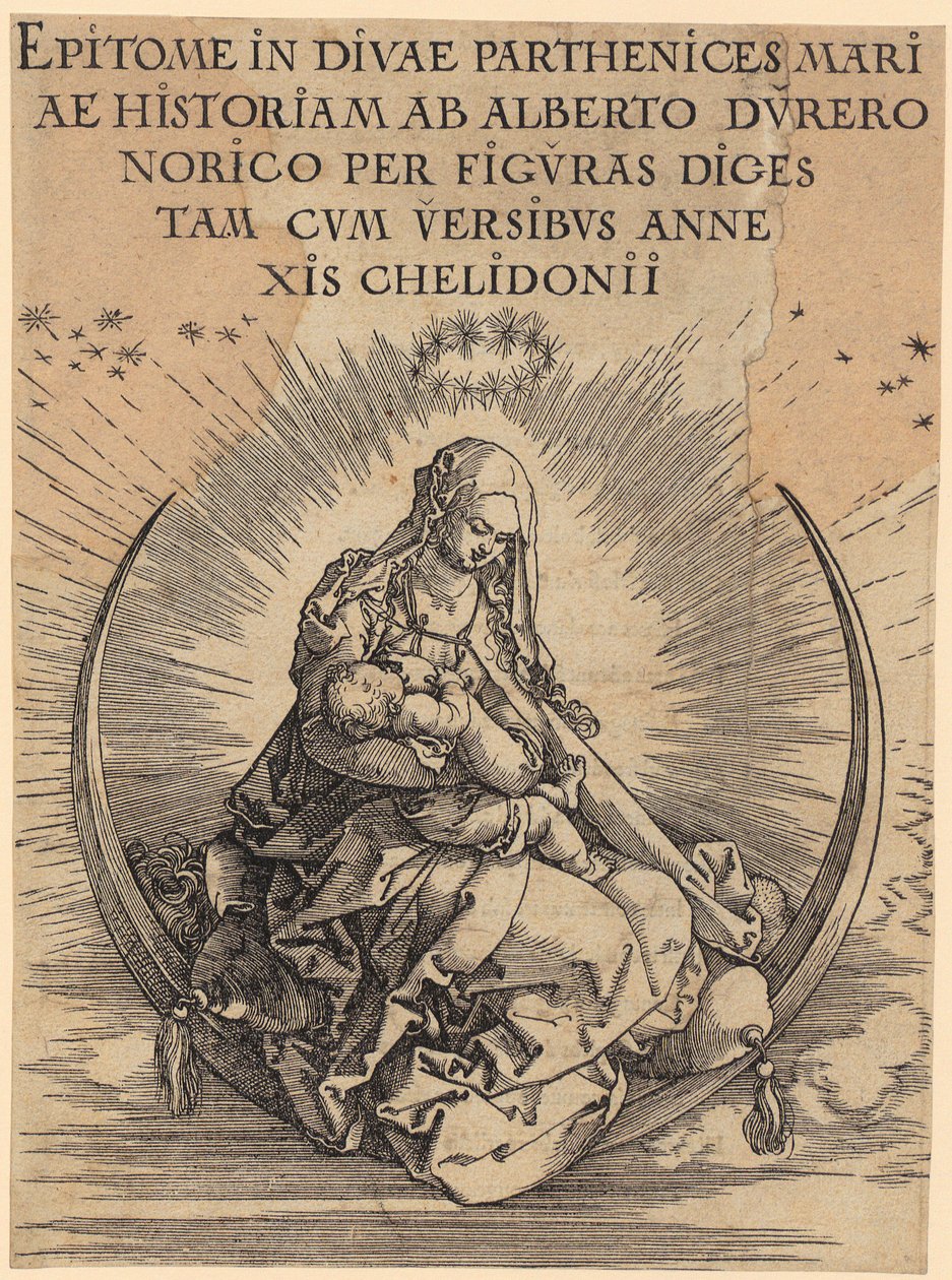 María sobre la media luna, lámina 1 de la serie «La vida de María» de Albrecht Dürer
