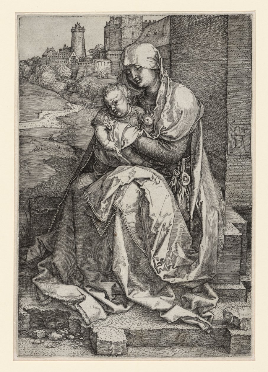 María con el Niño, sentada frente a un muro de Albrecht Dürer