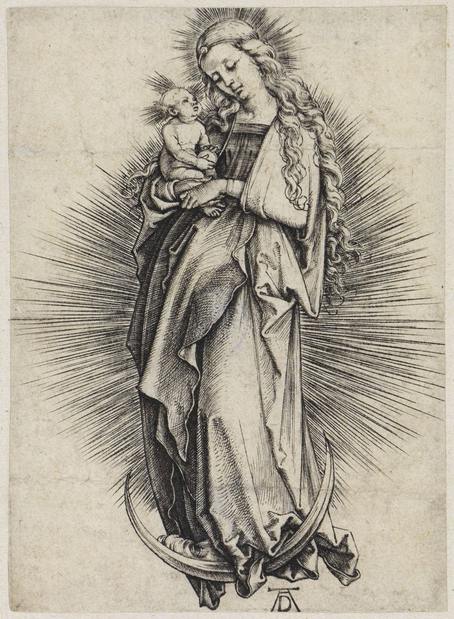 María con cabello largo sobre la luna creciente de Albrecht Dürer