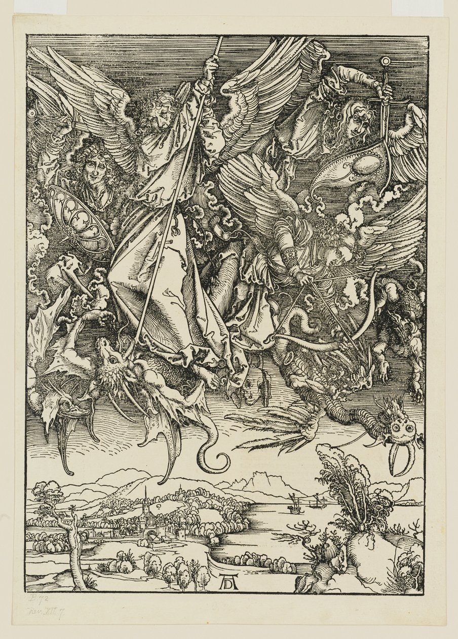 Miguel y sus ángeles luchan contra el dragón de Albrecht Dürer