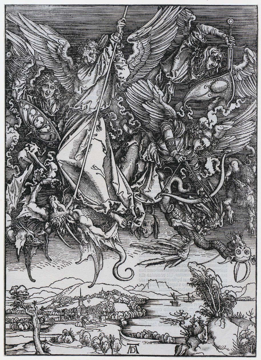La lucha de San Miguel contra el dragón, figura X, lámina 12 de la serie «El Apocalipsis» de Albrecht Dürer