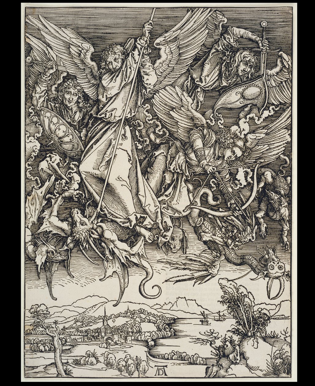 La lucha de Miguel con el dragón, de la serie del Apocalipsis, primera edición alemana de 1498 de Albrecht Dürer