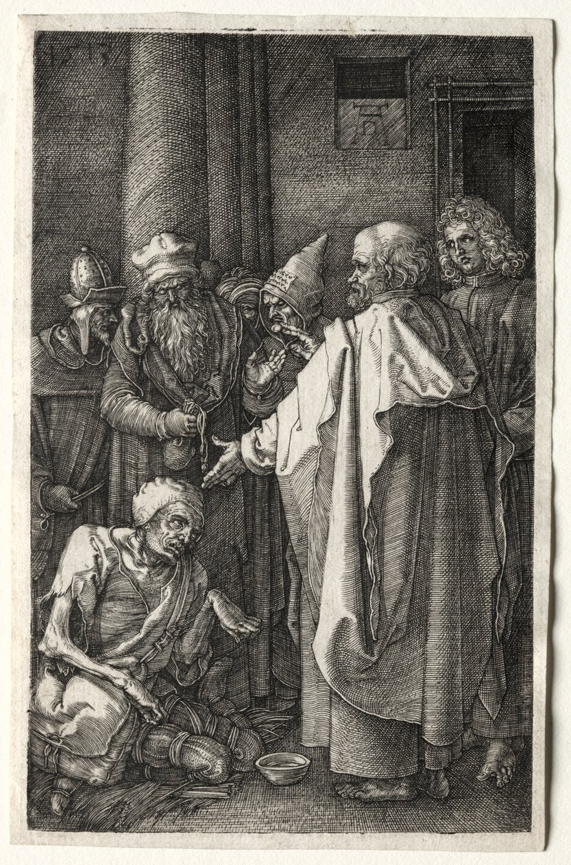 Pedro y Juan sanando al lisiado en la puerta del templo de Albrecht Dürer