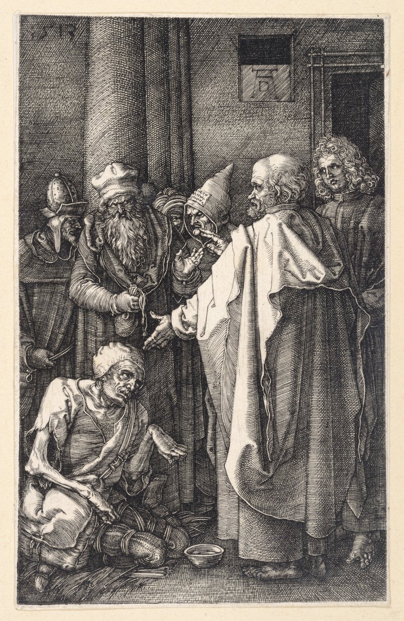 Pedro y Juan curando a un mendigo cojo en el templo (Pasión grabada) de Albrecht Dürer