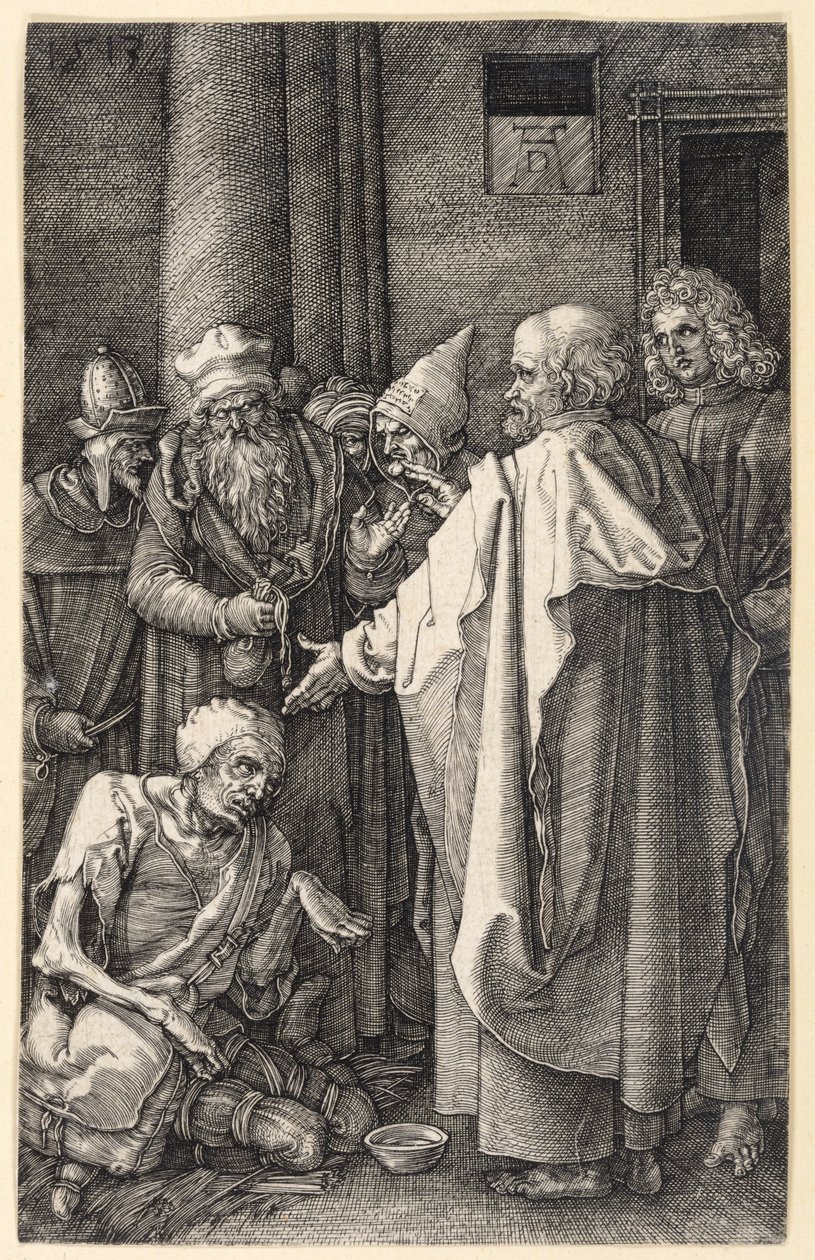 Pedro y Juan curando a un mendigo cojo en el templo (Pasión grabada) de Albrecht Dürer