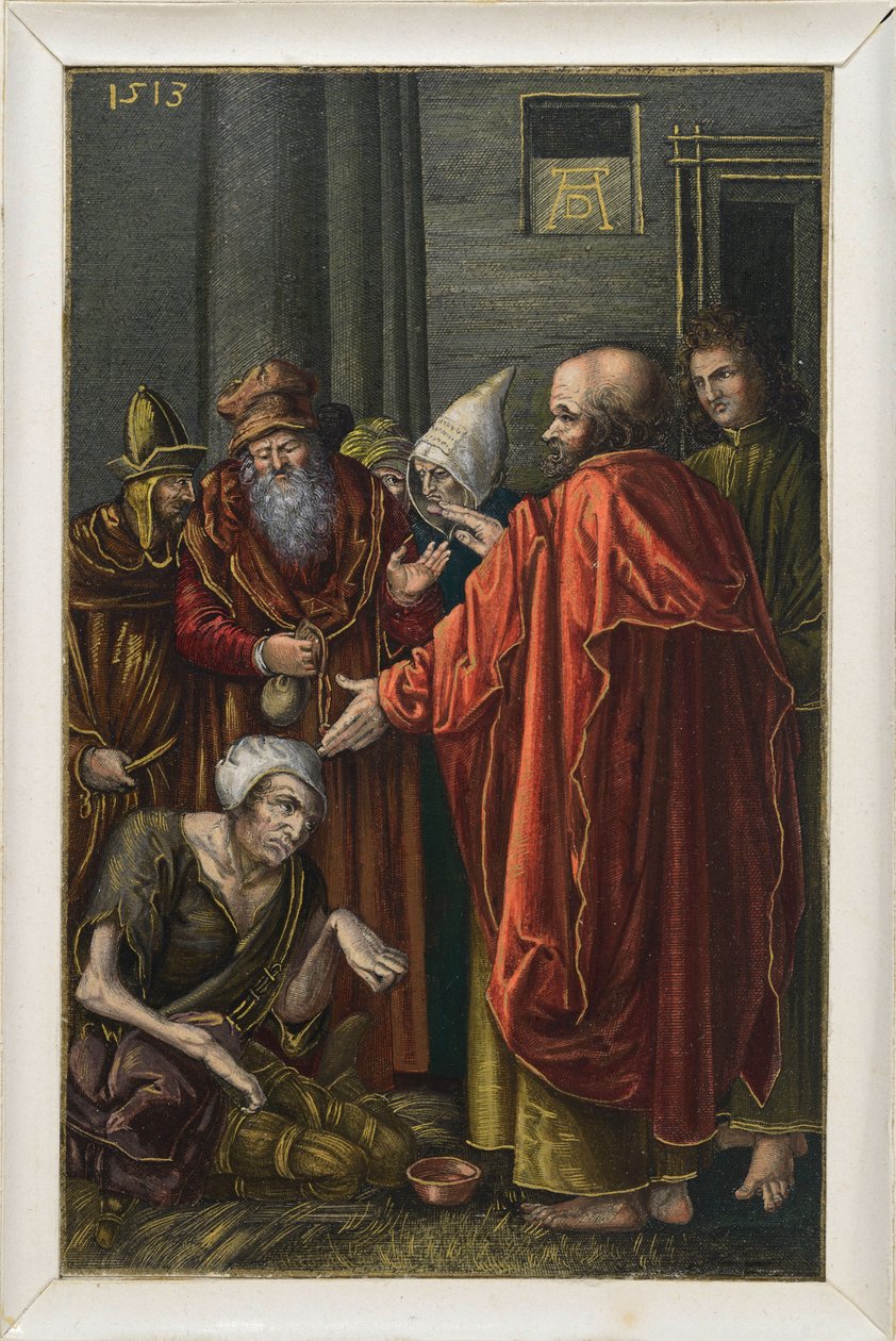 Pedro y Juan curan a un mendigo cojo en el templo de Albrecht Dürer