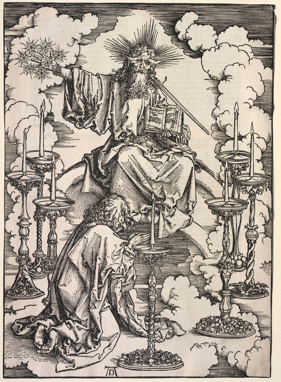 Revelación de San Juan: San Juan contemplando los siete candelabros de Albrecht Dürer