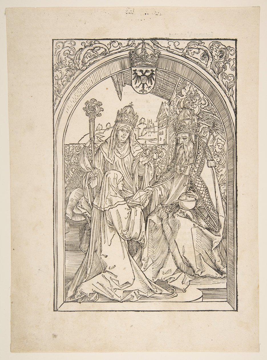 Rosvitha presentando las comedias al emperador Otto I. ilustración de la Opera Hrosvi... n.d. de Albrecht Dürer