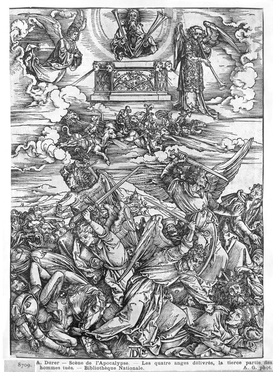 Escena del Apocalipsis, Los Cuatro Ángeles Vengadores, edición latina, 1511 de Albrecht Dürer
