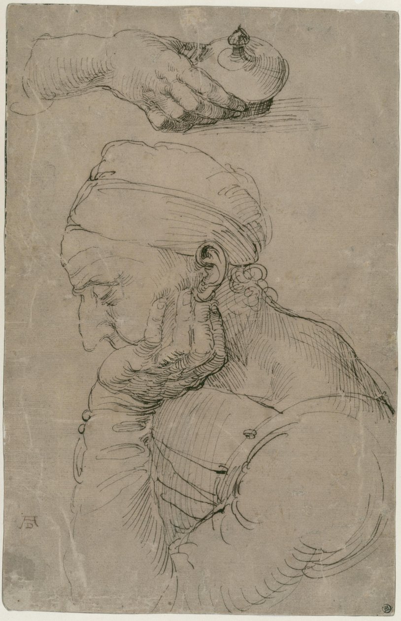 Hombre dormido y estudio de una mano con un frasco de ungüento de Albrecht Dürer