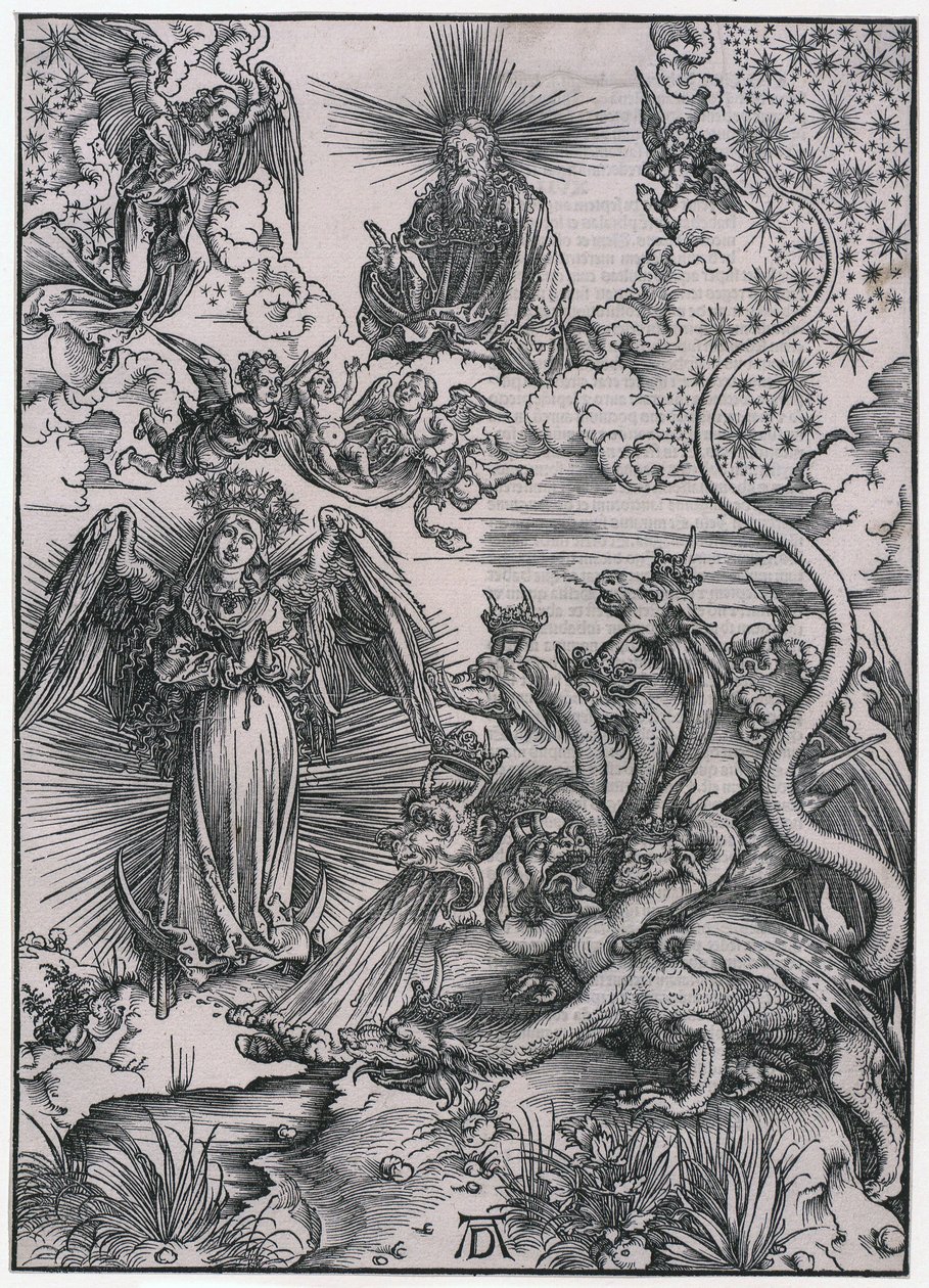 «La Mujer del Sol y el dragón de siete cabezas», figura IX, lámina 11 de la serie «El Apocalipsis» de Albrecht Dürer