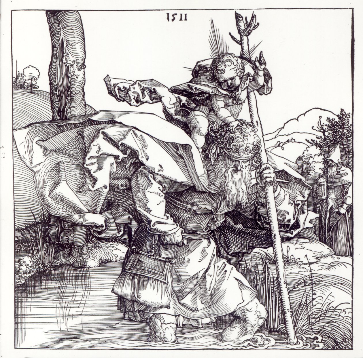 San Cristóbal llevando al Niño Cristo, 1511 (xilografía) (foto en blanco y negro) de Albrecht Dürer