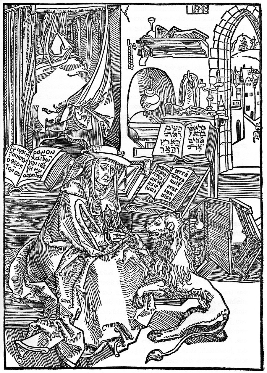 San Jerónimo en su estudio sacando una espina de la pata de un león, 1492 de Albrecht Dürer