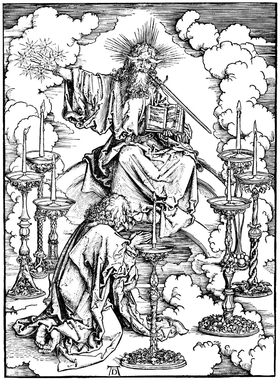 Visión de San Juan de Cristo y los siete candelabros del Apocalipsis, c. 1497 de Albrecht Dürer