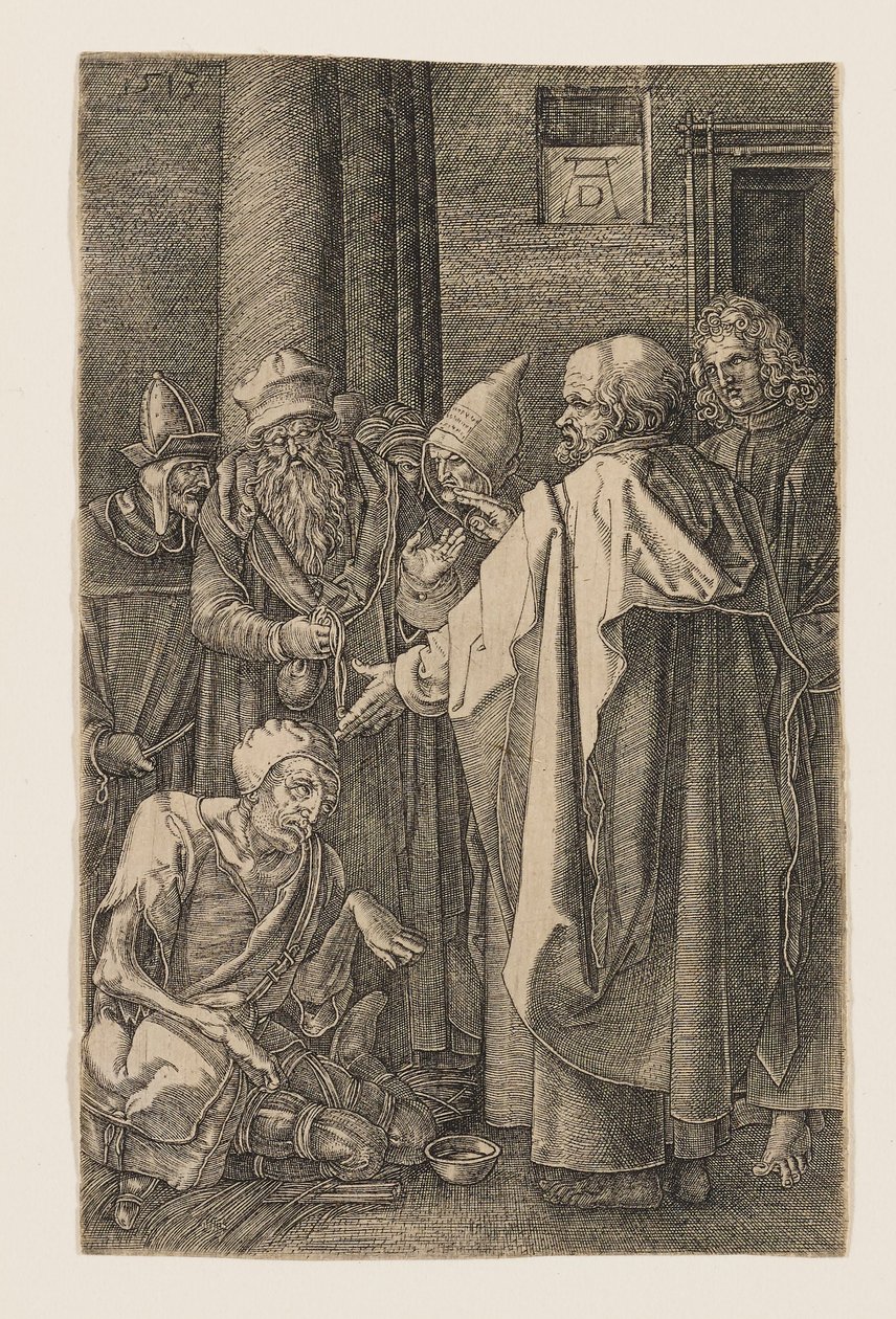 San Pedro y San Juan curan a un lisiado a la entrada del templo de Albrecht Dürer