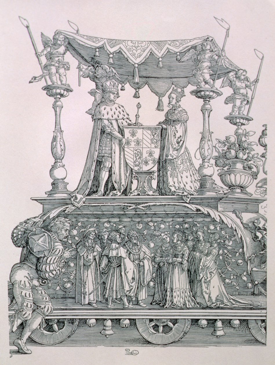 El Matrimonio Borgoñón o la Procesión Triunfal del Emperador Maximiliano I de Alemania (1459-1519) que muestra el carro de bodas de Maximiliano y María de Borgoña (1458-82), pub. 1526 (detalle) de Albrecht Dürer