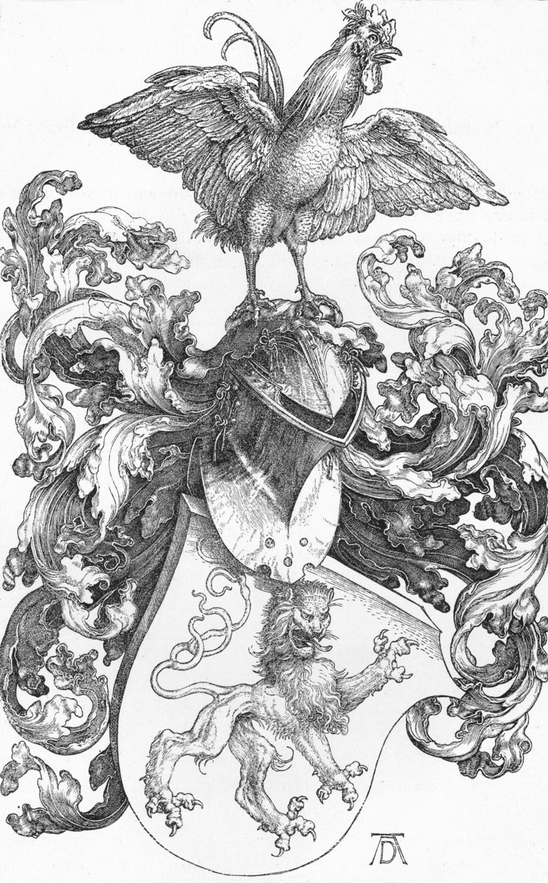 El escudo de armas con un león y un gallo, c. 1502-1503, 1906 de Albrecht Dürer