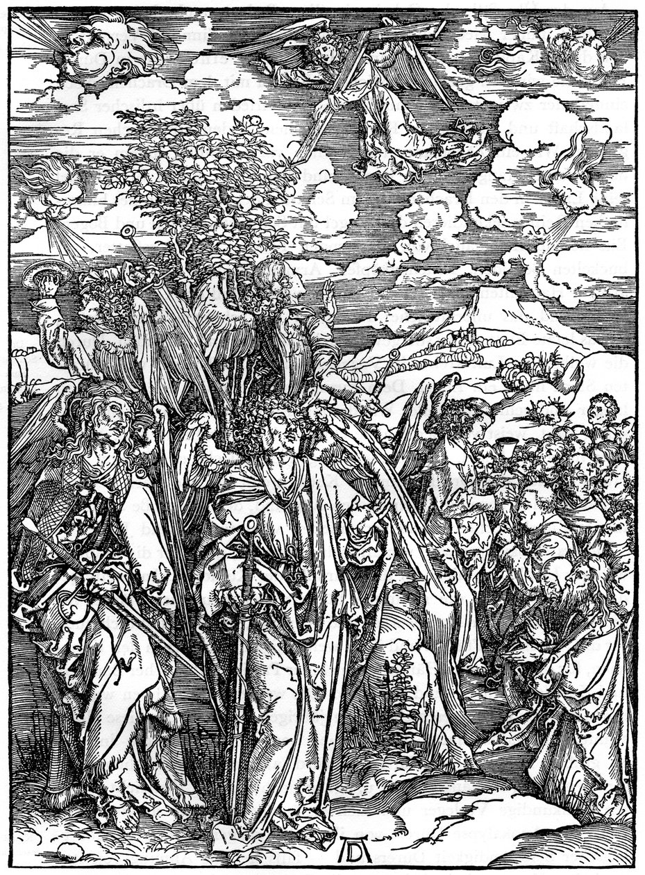 Los Cuatro Ángeles sosteniendo los vientos, 1498, 1936 de Albrecht Dürer