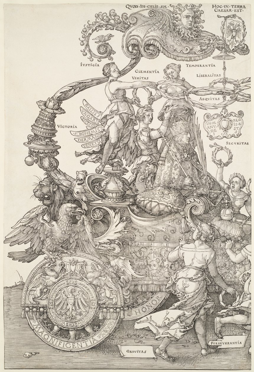 El gran carro triunfal: parte izquierda del carro con el emperador coronado por la Victoria de Albrecht Dürer
