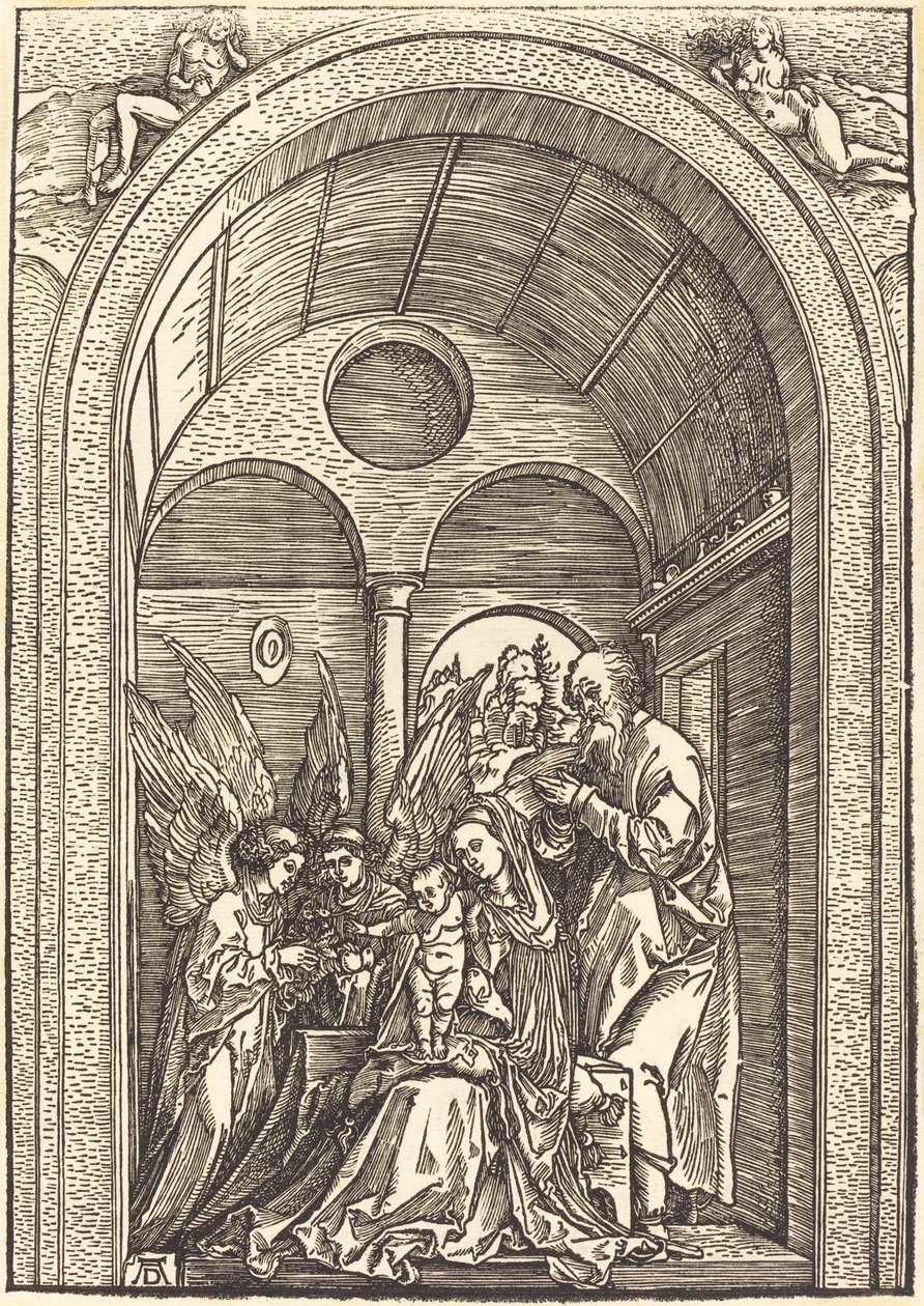 La Sagrada Familia con dos ángeles en un salón abovedado de Albrecht Dürer