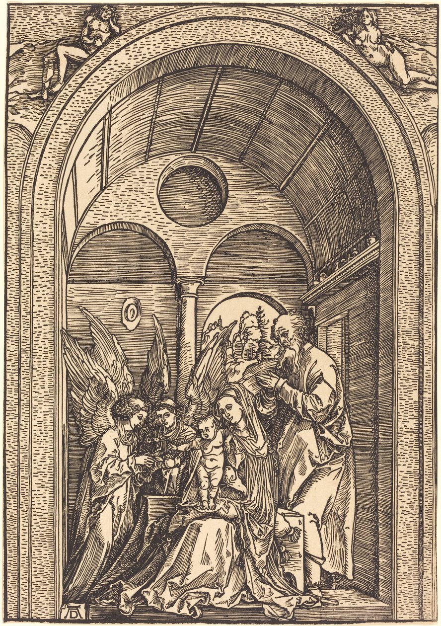 La Sagrada Familia con dos ángeles en un salón abovedado de Albrecht Dürer
