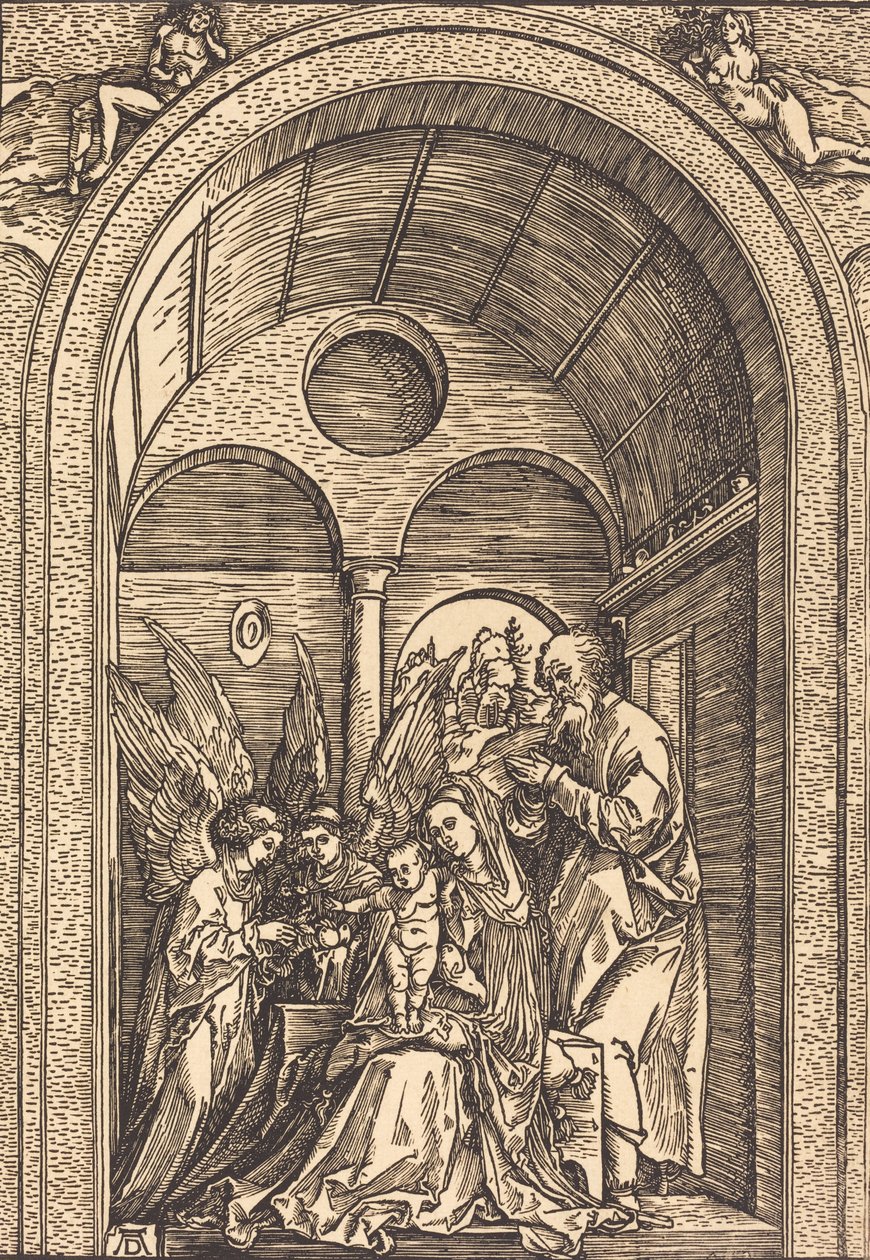 La Sagrada Familia con dos ángeles en un salón abovedado, c. 1504 de Albrecht Dürer