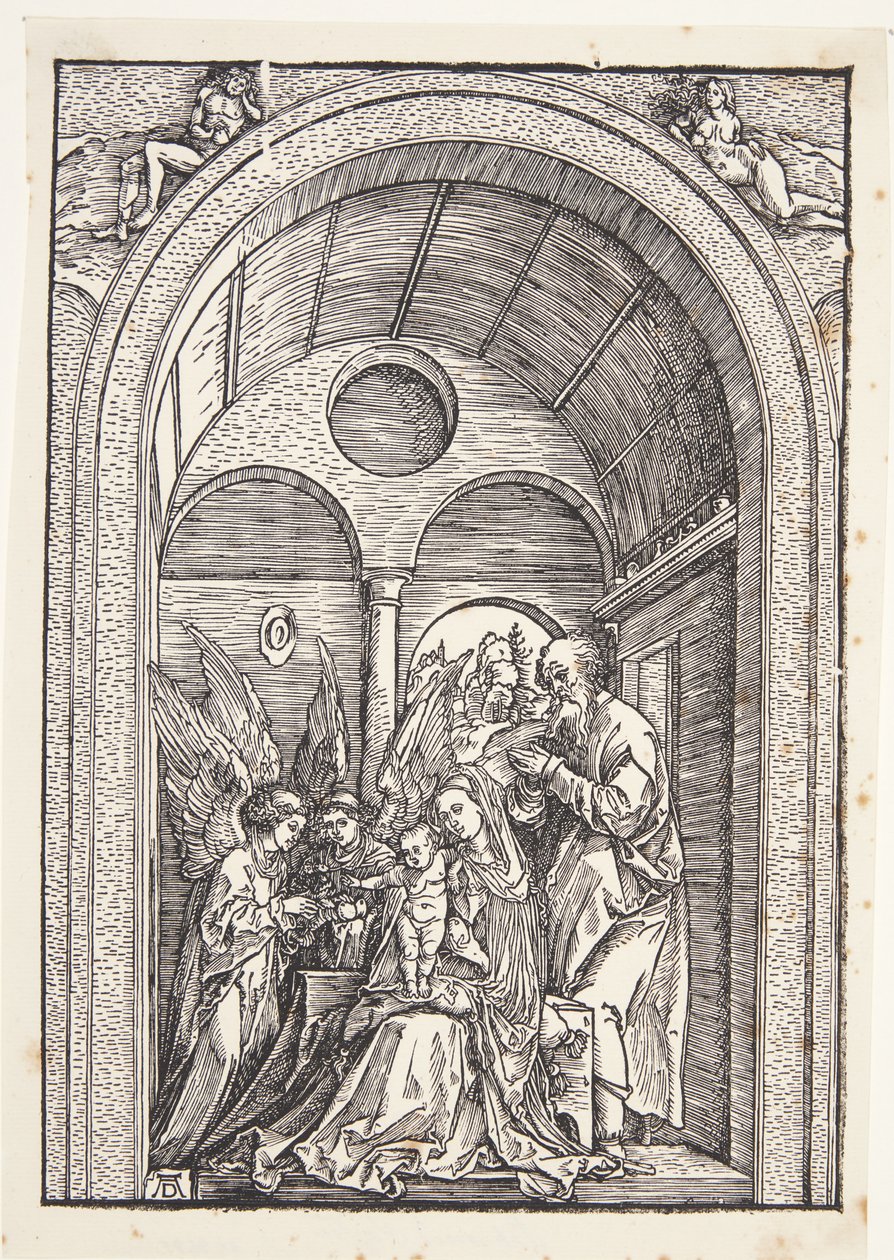 La Sagrada Familia con dos ángeles en un salón abovedado de Albrecht Dürer