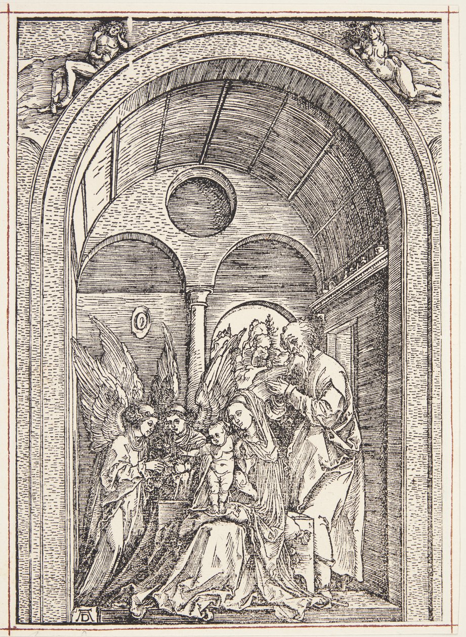 La Sagrada Familia con dos ángeles en un salón abovedado de Albrecht Dürer