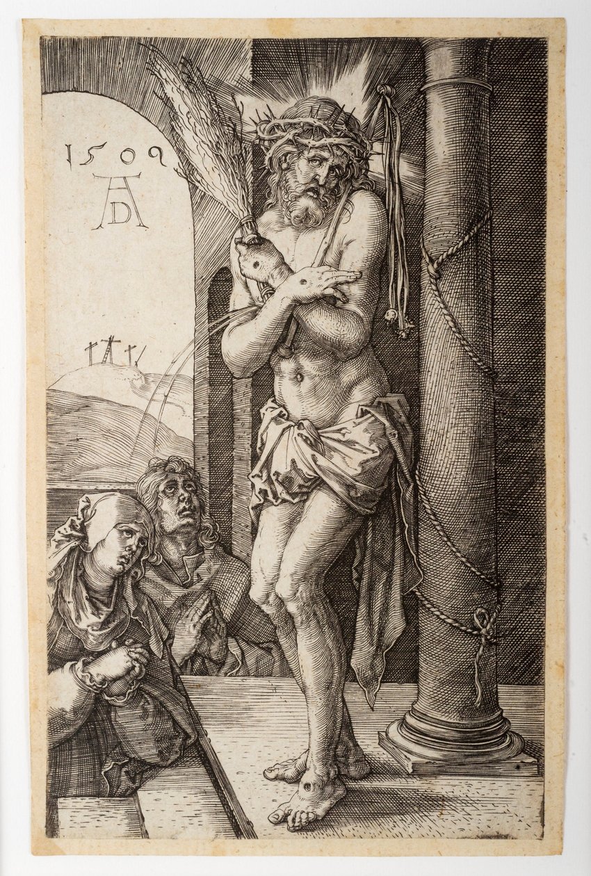 El Varón de Dolores junto a la columna con la Virgen y San Juan, de la "Pasión grabada" de Albrecht Dürer