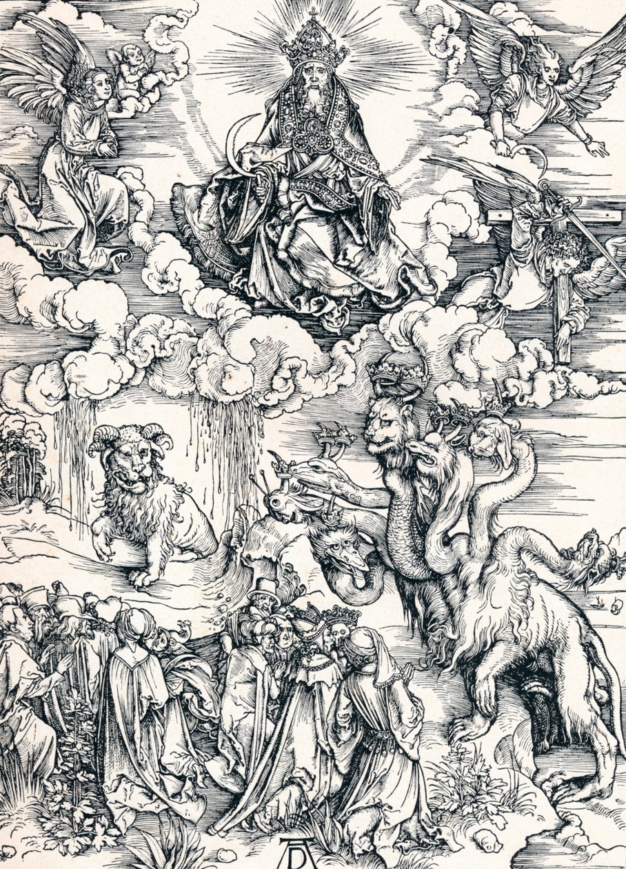 La bestia de siete cabezas y la bestia con cuernos de cordero, 1498 de Albrecht Dürer