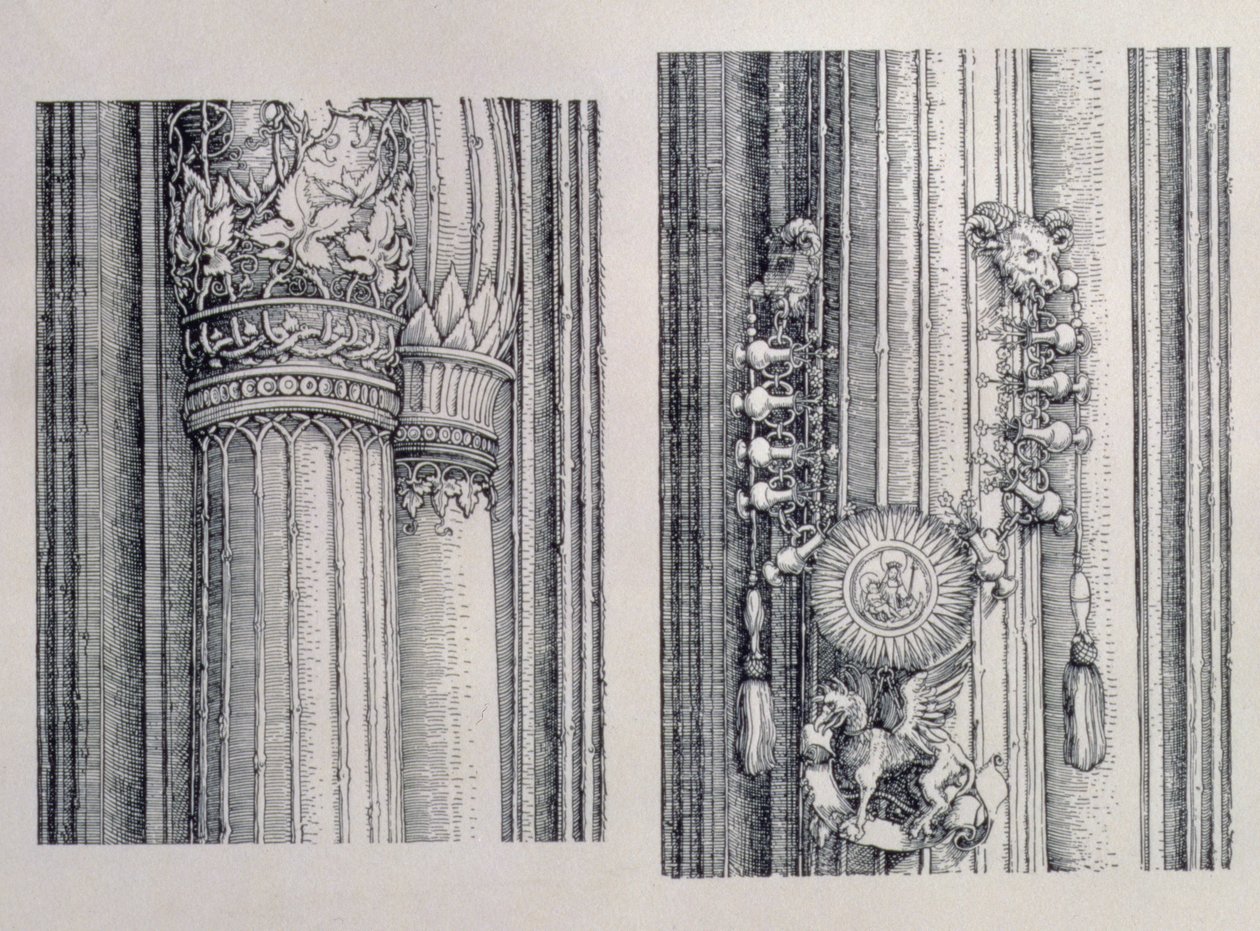 El Arco Triunfal del Emperador Maximiliano I de Alemania (1459-1519): dos detalles de las Puertas de Honor y Poder centrales que muestran la columna izquierda y los adornos del capitel, fechado en 1515, pub. 1517-18 de Albrecht Dürer