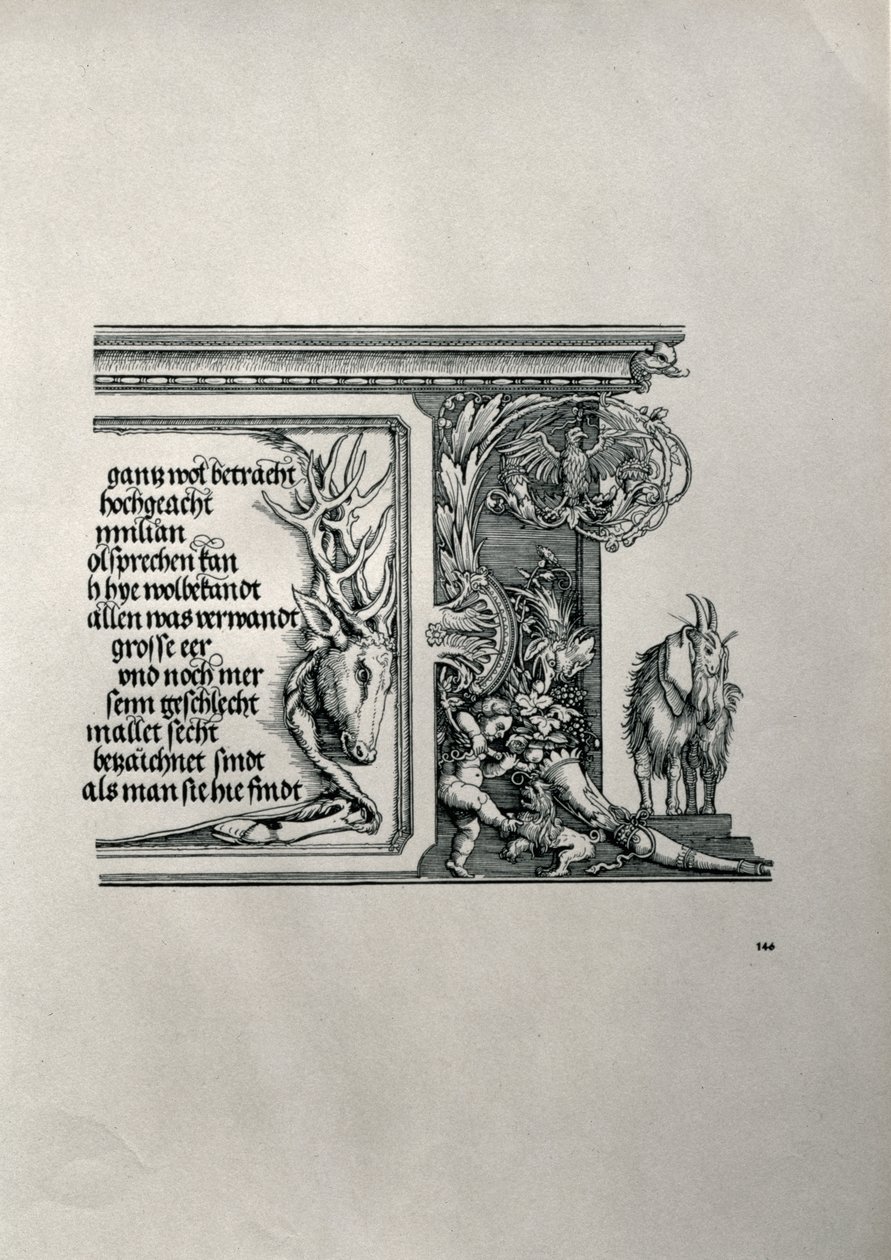 El Arco Triunfal del Emperador Maximiliano I de Alemania: (detalle) de una piel de ciervo con una inscripción alabando las conexiones familiares del Emperador, con una cabra de orejas caídas, símbolo de agudeza de Albrecht Dürer
