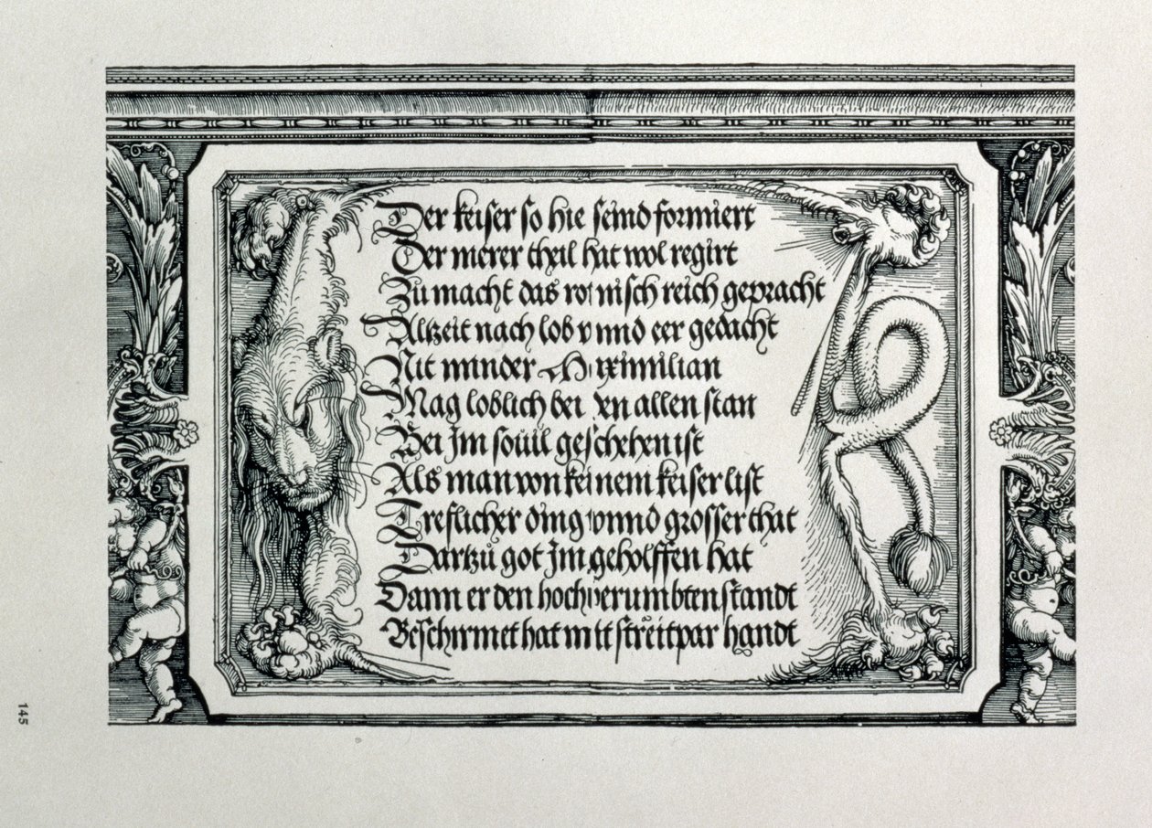 El Arco Triunfal del Emperador Maximiliano I de Alemania: (detalle) del esquema decorativo mostrando una piel de león con una inscripción alabando las conexiones familiares del Emperador, pub. 1517-18 de Albrecht Dürer