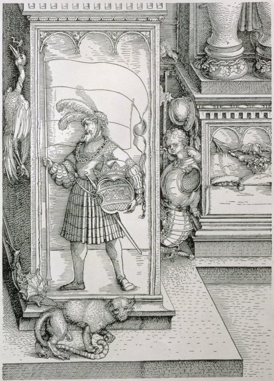 El Arco Triunfal del Emperador Maximiliano I de Alemania: (detalle) de la base de la columna del portal con un relieve tallado de una figura masculina llevando un estandarte y un escudo de armas coronado, pub. 1517-18 de Albrecht Dürer