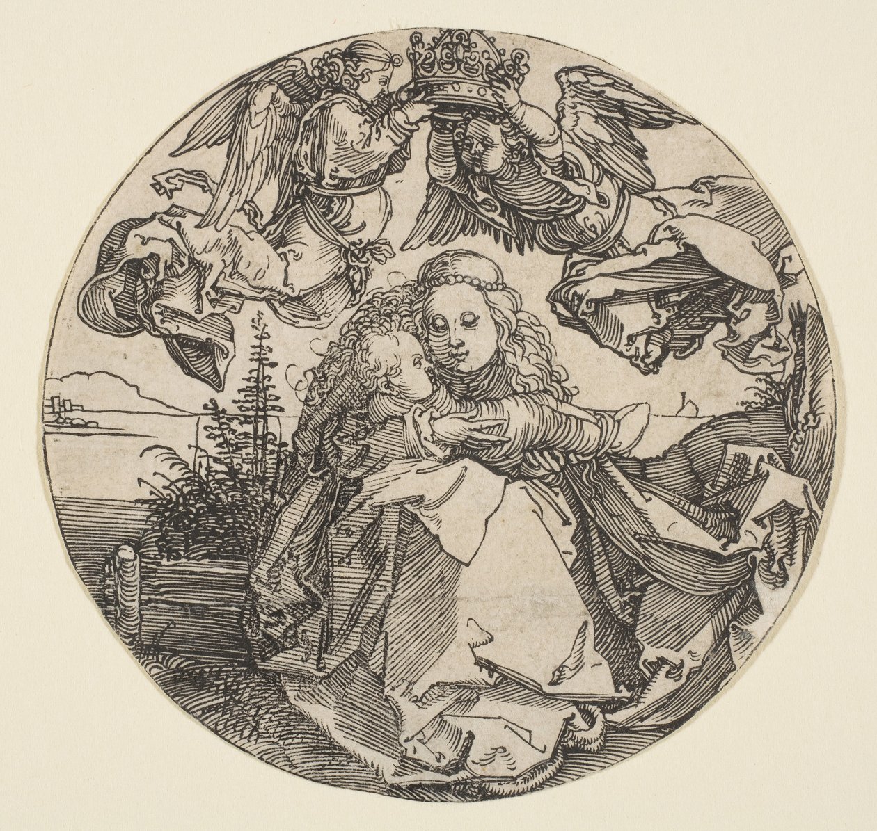 La Virgen y el Niño Coronados por Dos Ángeles sobre un Paisaje, ca. 1504. de Albrecht Dürer