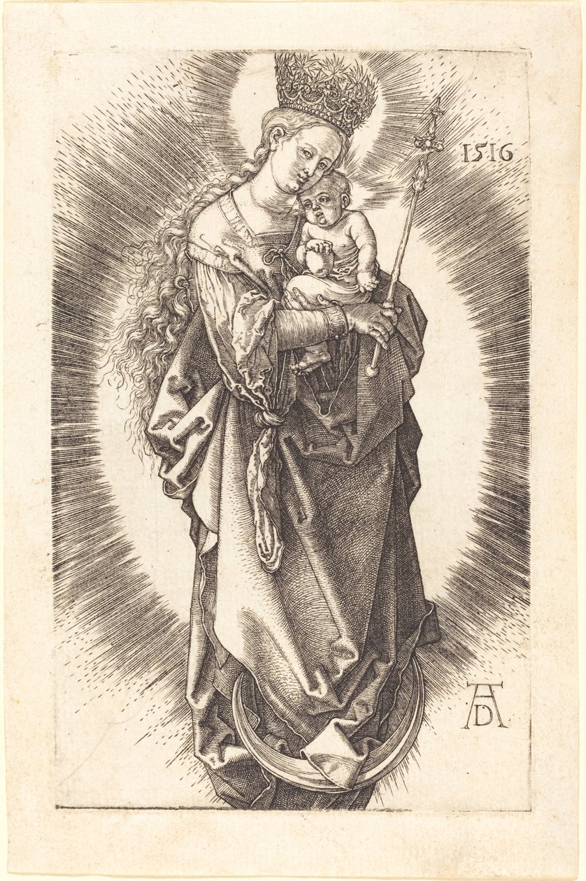 La Virgen y el Niño en una media luna con un cetro y una corona estrellada de Albrecht Dürer
