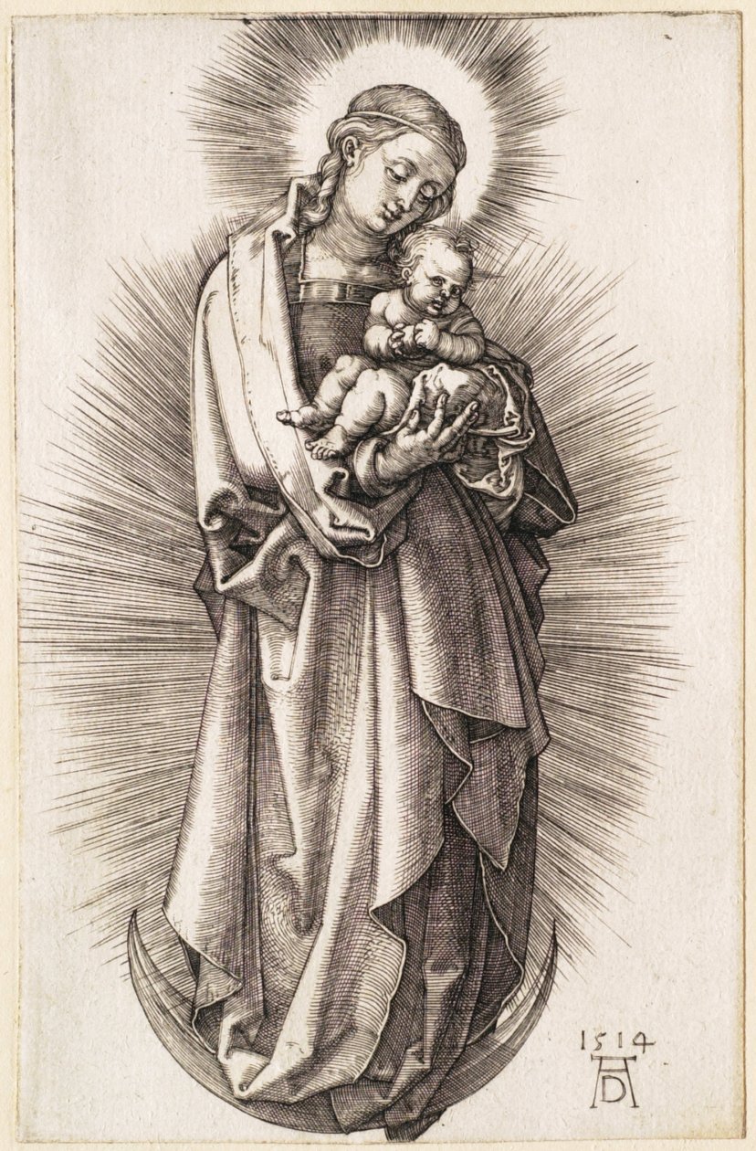 La Virgen con el Niño sobre la media luna con un diadema de Albrecht Dürer