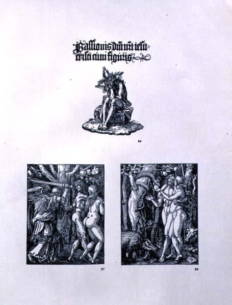 Tres páginas de la serie Pequeña Pasión: (arriba) portada con Cristo como el Hombre de los Dolores y una inscripción en latín; (izquierda) La Expulsión del Paraíso; (derecha) Adán y Eva, pub. 1511 de Albrecht Dürer