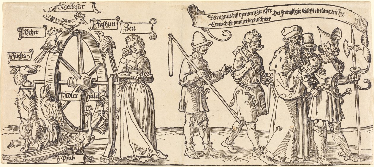 El tiempo y un zorro girando la rueda de la fortuna con personas de todos los rangos a la derecha de Albrecht Dürer