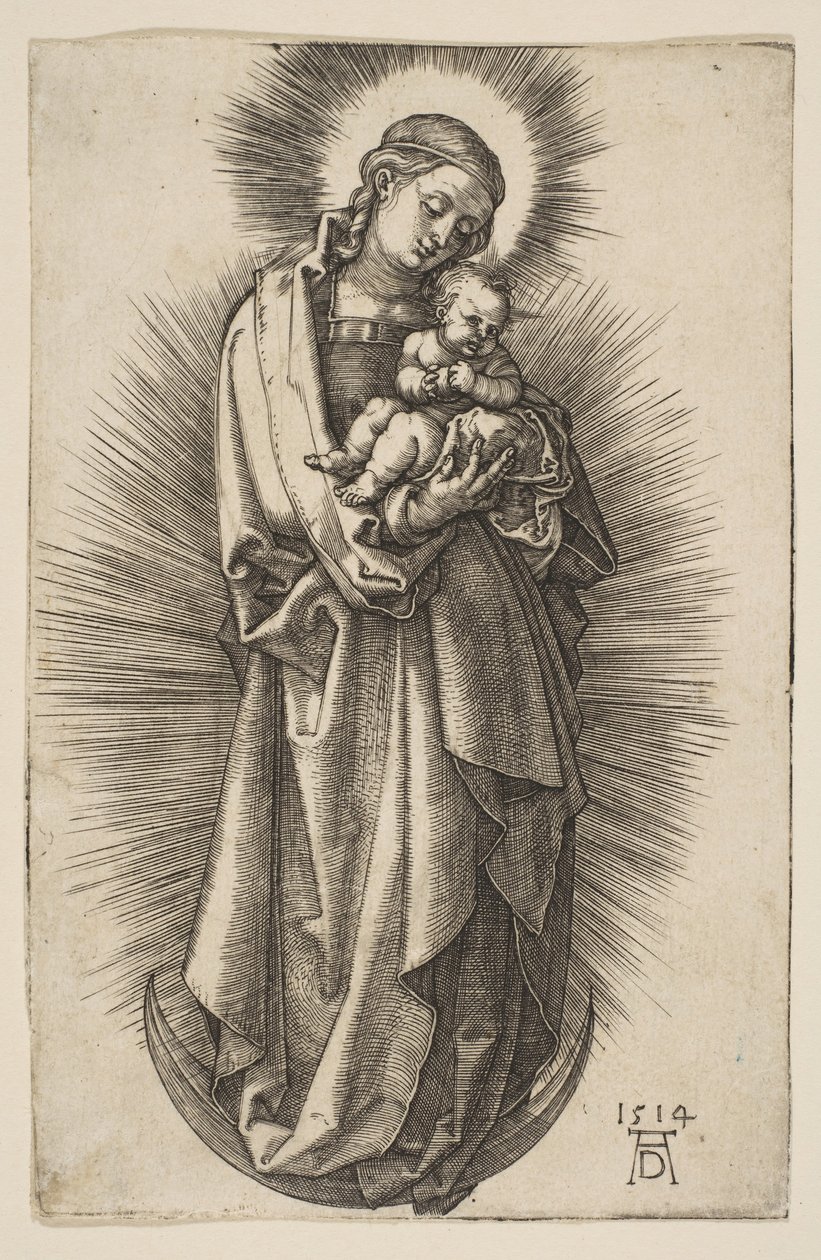 Virgen y niño en la media luna con un diadema de Albrecht Dürer
