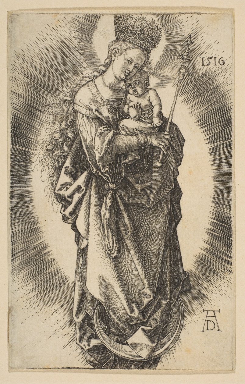 Virgen sobre la media luna con cetro y corona estrellada de Albrecht Dürer