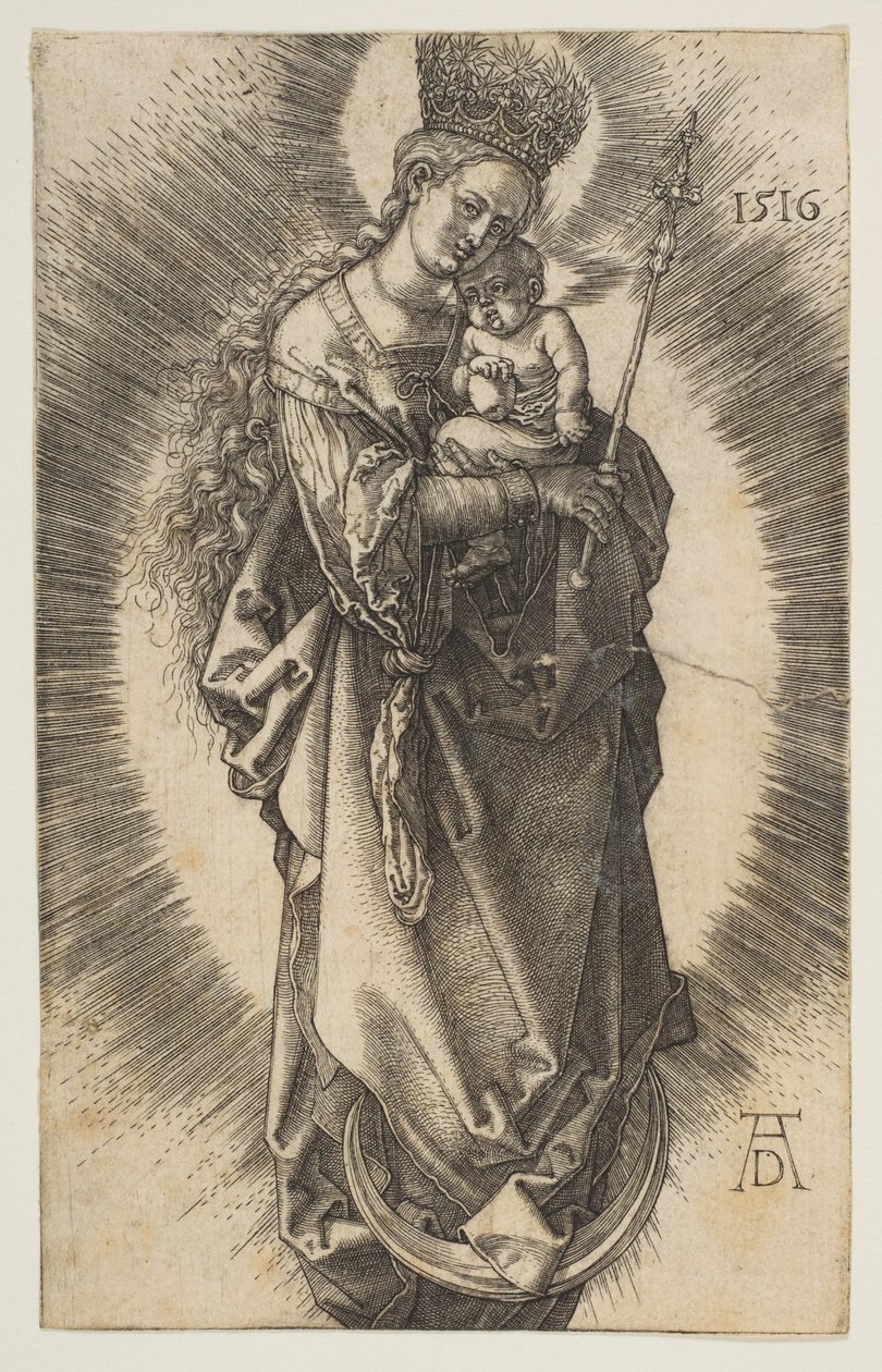 Virgen sobre la media luna con cetro y corona estrellada de Albrecht Dürer