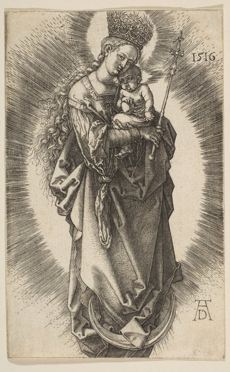 Virgen en el creciente con cetro y corona estrellada de Albrecht Dürer