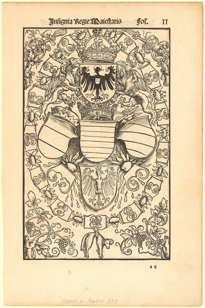Escudo de armas de Maximiliano I como rey de Roma [anverso]; escudo de armas de Florian Waldauf (Waldauff) de Waldenstein [reverso] de Albrecht Dürer